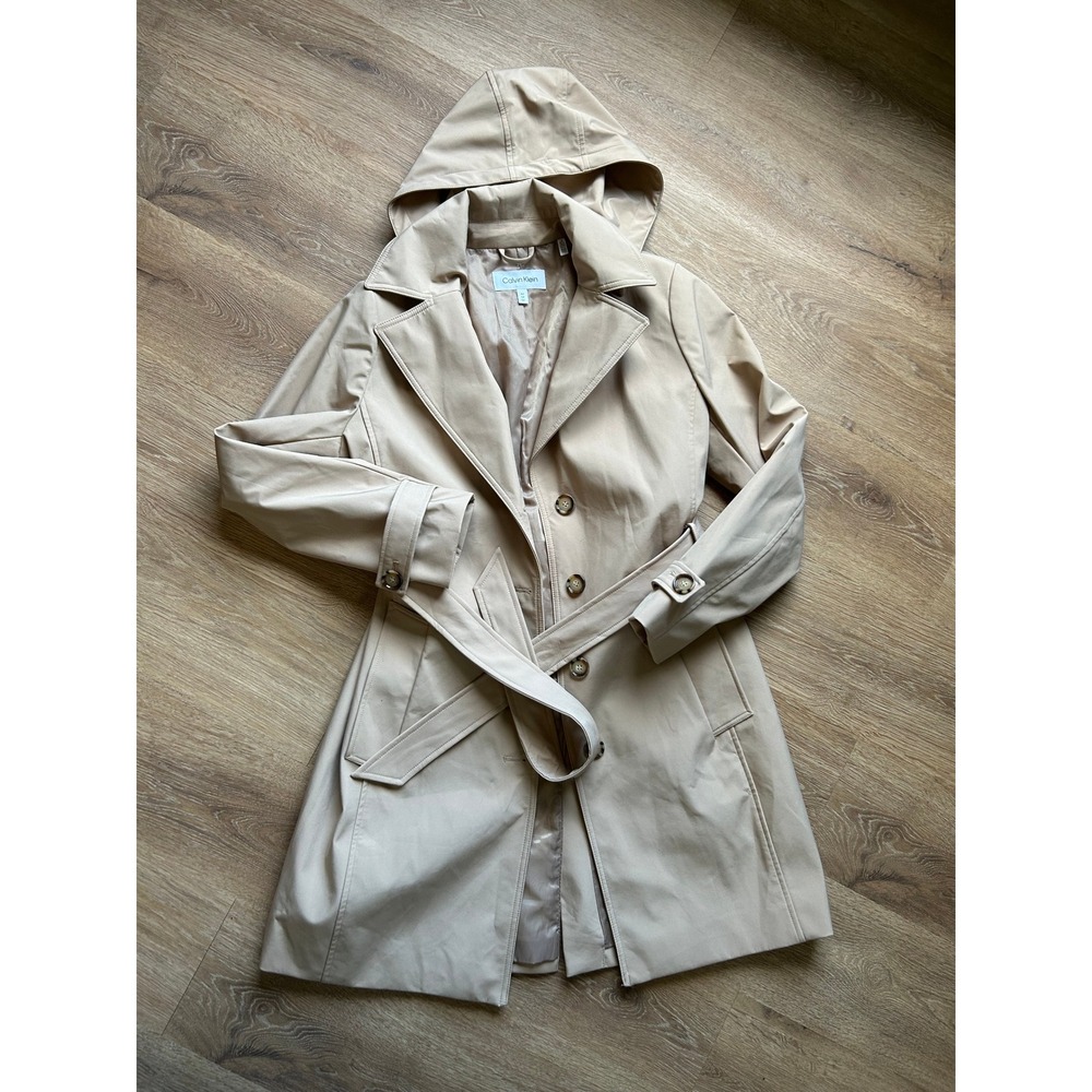 Calvin Klein Womens Tan Beige Hooded Belted Trench Coat Jacket Size Medium